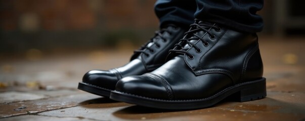 High shine black leather boots with grainy pattern on toes, leather boots, grainy