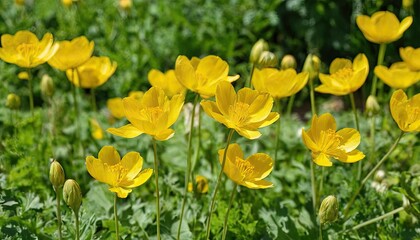 Fototapeta premium Selective focus shot of beautiful yellow flowers on a grass-covered field 1
