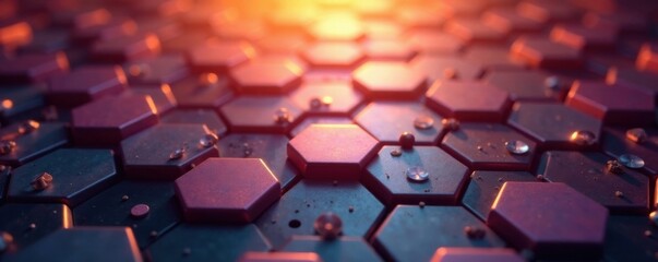 Fototapeta premium Hexagonal metallic backdrop with soft warm glow, modern, background