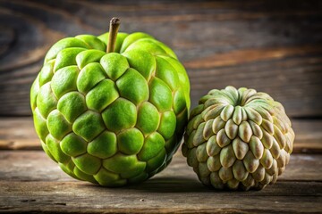 Fototapeta premium Compare the sweetness of sugar apple and green apple against the creamy annona squamosa â€“ a healthy, colorful treat.