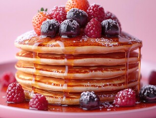 Sweet Pancakes Topped with Berries and Syrup