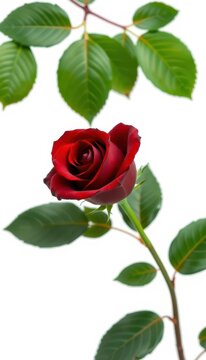 A single dark red rose with vibrant green leaves, isolated on pure white, objet d'art, dramatic, macro