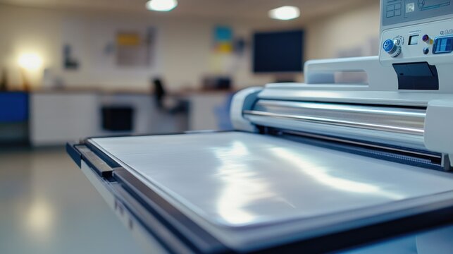 Modern printing or lamination machine.  Close-up view of a flatbed machine with a clear sheet.  Interior lab or office setting