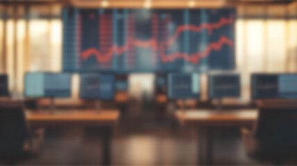 Blurred background of a modern trading office featuring multiple computer monitors that display stock market data and analysis in a bright open workspace designed for finance professionals.