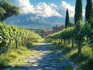 Stone Path Winds Through Vineyard, Reaching Rustic House in Mountain Valley