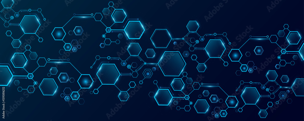 Poster connected futuristic hexagons with light effect on dark blue background. modern technology backdrop 