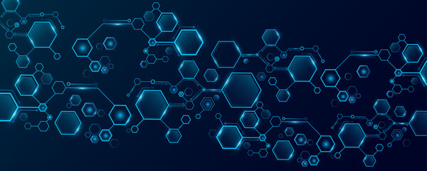 Connected futuristic hexagons with light effect on dark blue background. Modern technology backdrop for your design. Cyber tech honeycombs pattern. Vector illustration. EPS 10
