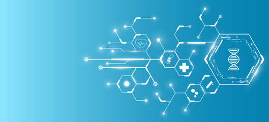 Medical tech background. Connected hexagons with light effect and health care icons on blue backdrop. Digital health insurance concept and access to welfare. Vector illustration. EPS 10