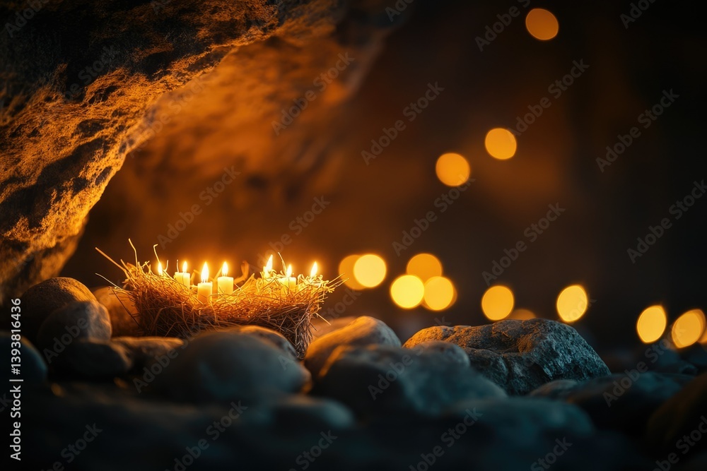 Poster candles illuminate a rustic nest nestled amongst rocks in a dimly lit cave, creating a serene and my