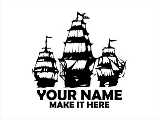 Three majestic sailing ships navigating choppy ocean waves under a  monochrome engraving style. Nautical concept and logo vector design
