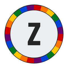 Bold lowercase letter z in Center of Colorful Circular Rainbow Border on Light Gray Background, enclosed in a black frame.