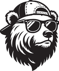 Obraz premium bear head sunglasses and cap, bear head sunglasses and cap vector illustration black and white