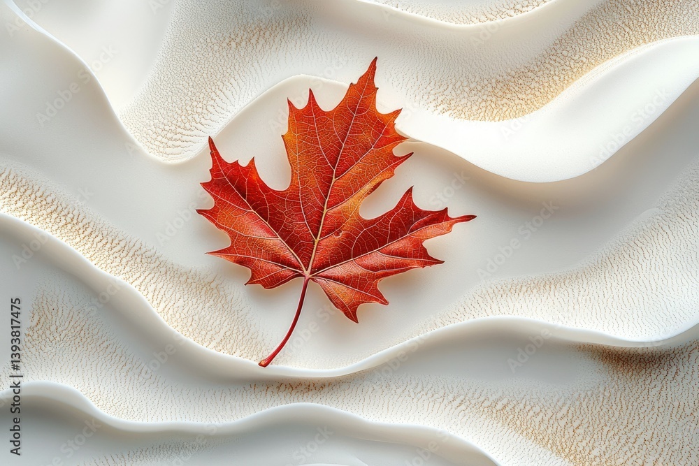 Poster a single red maple leaf rests on a textured white surface, creating a serene autumnal scene.