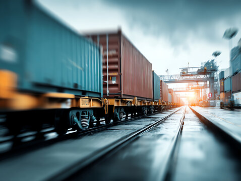 high speed freight train moves swiftly along wet tracks under cloudy sky, creating dynamic scene