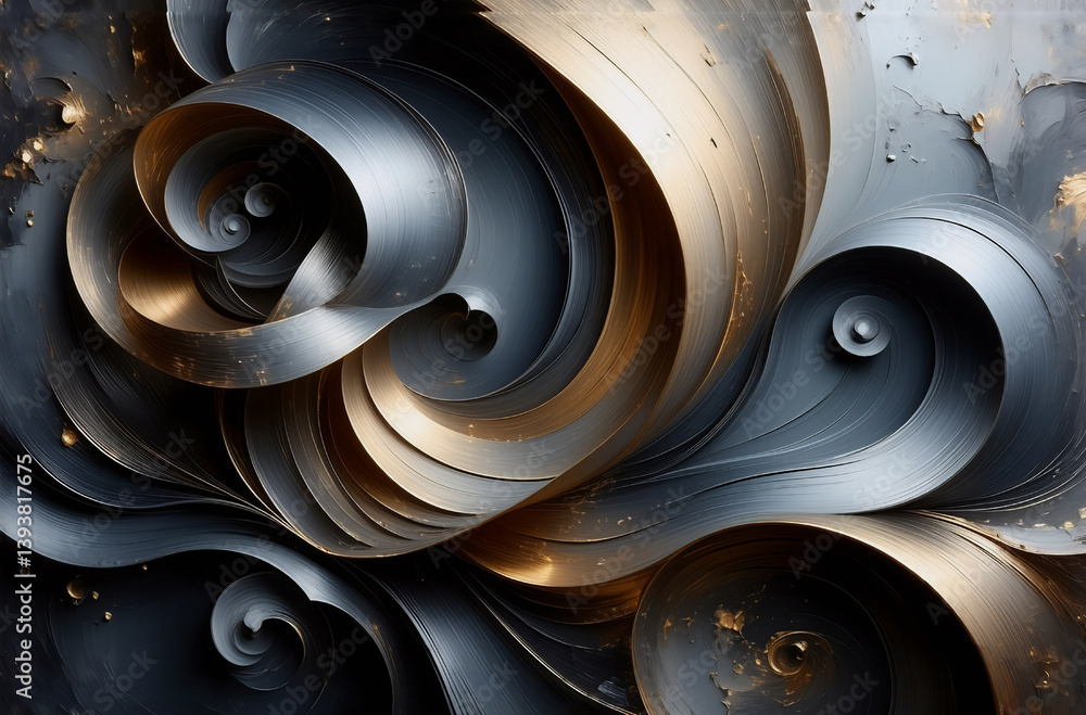 Poster elegant abstract art featuring swirling metallic ribbons in shades of gray and gold. dynamic curves 