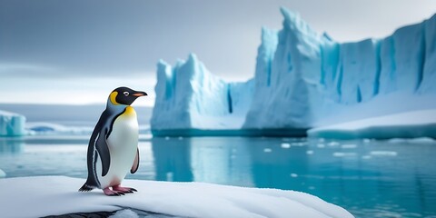 Fototapeta premium Solitary emperor penguin on snow-covered ice near crystal-clear Antarctic ocean and iceberg cliffs, representing the cold serenity and untouched nature of the polar regions