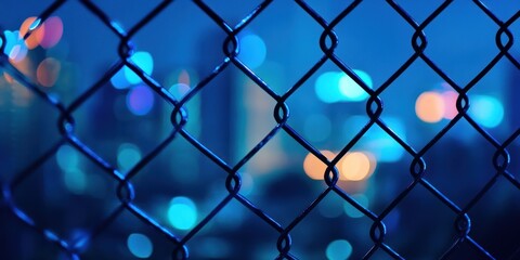 Naklejka premium Night Cityscape Through Chain Link Fence: A Nocturnal View