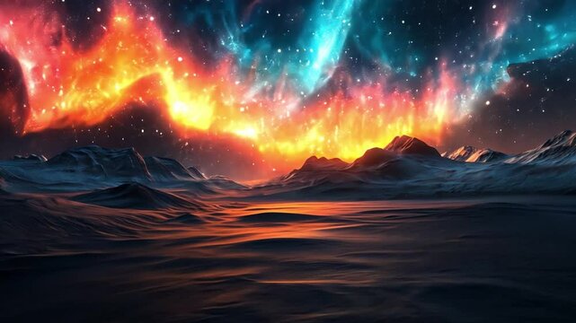 Celestial Aurora: A mesmerizing digital artwork showcases the ethereal beauty of the aurora borealis dancing across a starlit night sky, casting vibrant hues over a stark, otherworldly landscape.