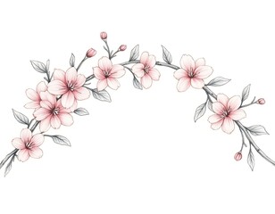 delicate pencil sketch of cherry blossoms on intertwining branches in a horizontal arch
