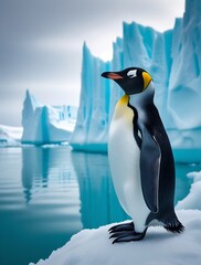 Fototapeta premium Majestic emperor penguin standing on icy terrain near turquoise waters and towering glaciers in Antarctica, showcasing the beauty of wildlife in a frozen polar landscape 