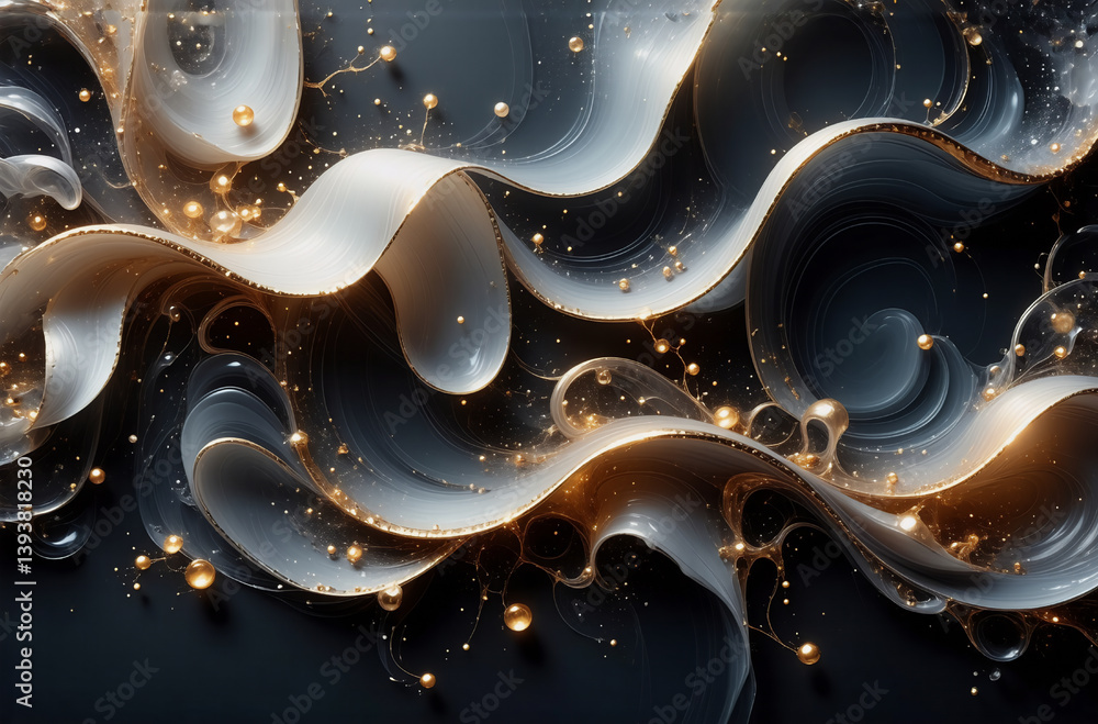 Poster elegant flowing shapes in white and grey intertwine with golden orbs on a dark backdrop, creating a 