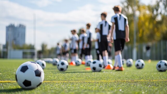 Youth Soccer Team Training Session on Sunny Field Grass Pitch Active Boys Playing Football Kids Sports Practice Active Lifestyle Healthy Outdoor      