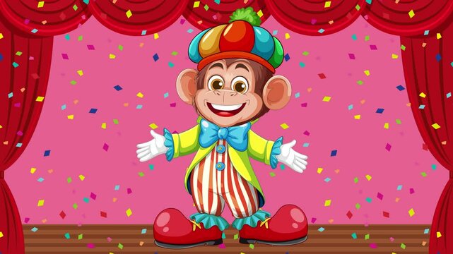 Cheerful Clown Monkey on Stage with Confetti