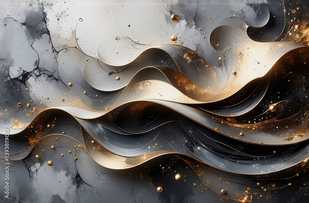 Poster elegant abstract flowing waves in shades of grey and gold with shimmering golden elements create a l