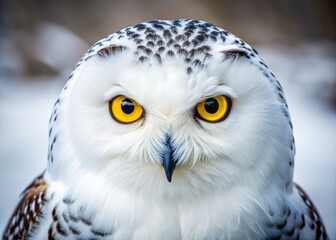 Obraz premium Close-up snowy owl, vibrant red eyes contrasting pure white feathers; breathtaking winter scene.