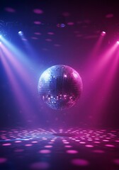 mirror ball, nightclub, dance floor, shimmering reflections, vibrant colors, purple and blue lighting, party lights, disco ball, 