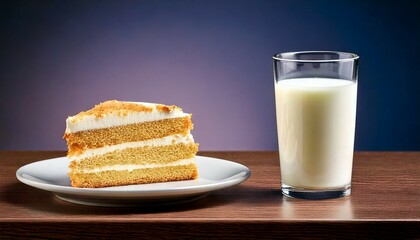 Milk at glass with a plate of slice cake at side on table with gradient background
