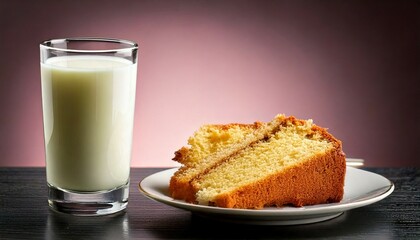 Milk at glass with a plate of slice cake at side on table with gradient background