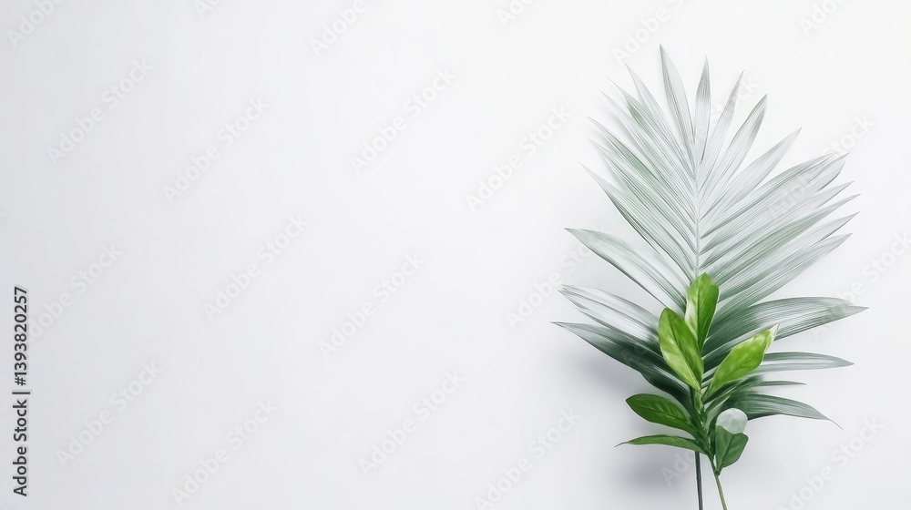 Poster palm leaf with greenery minimalist style high-quality soft lighting diagonal close-up shot textured 