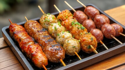 Grilled meatball and sausage skewers on a wooden tray.