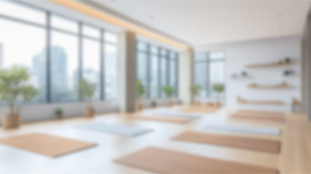 Blurred background of bright and modern gym interior with exercise equipment and natural light, featuring treadmills, weights, and yoga mats in a serene environment