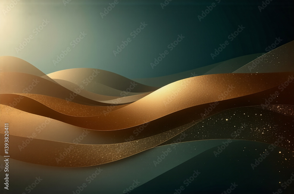 Poster abstract flowing waves in shades of gold and teal, creating a smooth, layered and elegant design. th