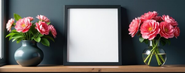 Obraz premium Elegant black frame on wooden shelf, blooming flowers nearby , white, spring, photo display