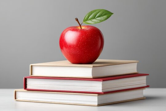A single apple on a stack of books in center frame with empty background