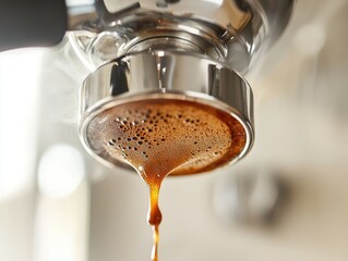 Fototapeta premium Espresso brewing process: Close-up of rich crema pouring from portafilter.