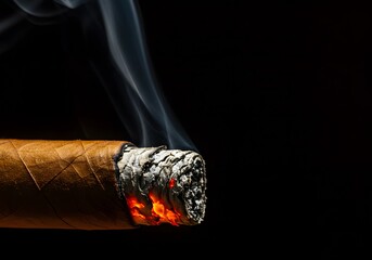 burning cigar, glowing ember, wispy smoke, dark background, high contrast, detailed texture, orange and red embers, ash, tobacco