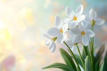 Obraz premium Delicate white flowers blooming in soft morning light with bokeh background