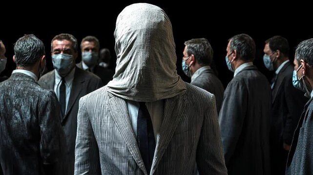 Masked Man's Predicament: An unsettling scene unfolds as a person with obscured features stands amidst a sea of masked individuals, the somber atmosphere suggesting isolation and conformity.
