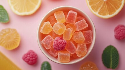Colorful fruit gummies sweet treats home kitchen vibrant background overhead view candy delight