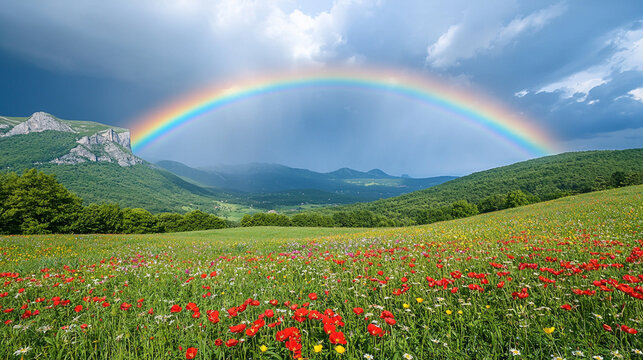 Rainbow over mountain meadow wildflowers