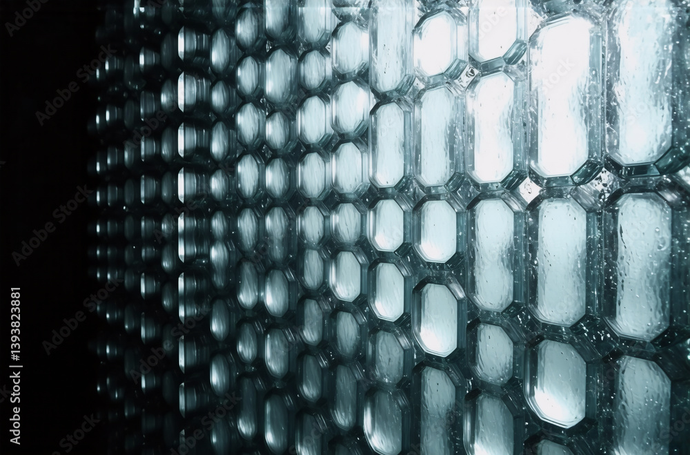 Poster detailed close-up of reflective metallic honeycomb pattern in bluish tones. perspective and depth ar