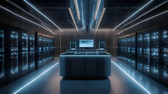 Data center with futuristic blue lighting