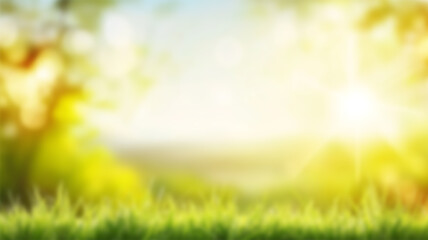 Obraz premium Beautiful blurred background image of spring nature with a neatly trimmed lawn surrounded by trees against a blue sky with clouds on a bright sunny day. Ai Generated Images