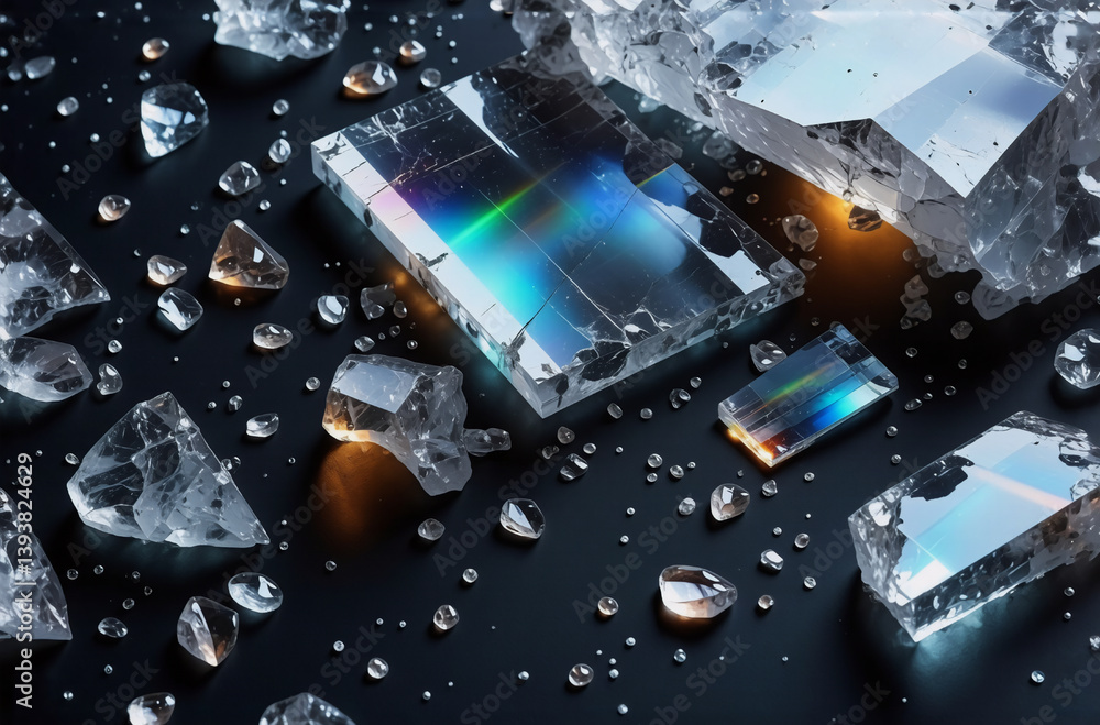 Poster clear crystal formations in various sizes and shapes are scattered on a dark surface. light reflects