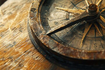 Fototapeta premium Antique compass on weathered wood, showing age and history of navigation.