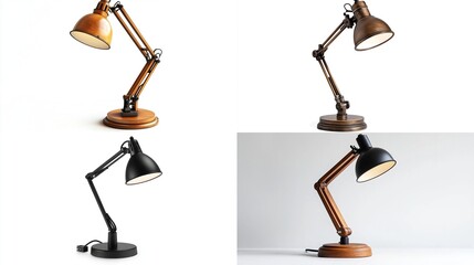 Four adjustable desk lamps in different colors.